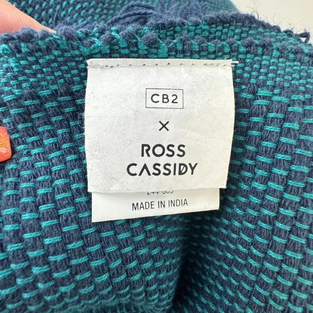 CB2 x Ross Cassidy Umi Teal Striped Throw Blanket Tassels Rare/Discontinued